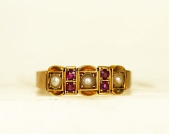 Jaren 1890 Vintage Seed Pearl & Red Ruby Art Deco Bruidsring - 14ct Solid geelgouden ring - Handgemaakte ring uit het midden van de eeuw - Victoriaanse ring voor vrouwen