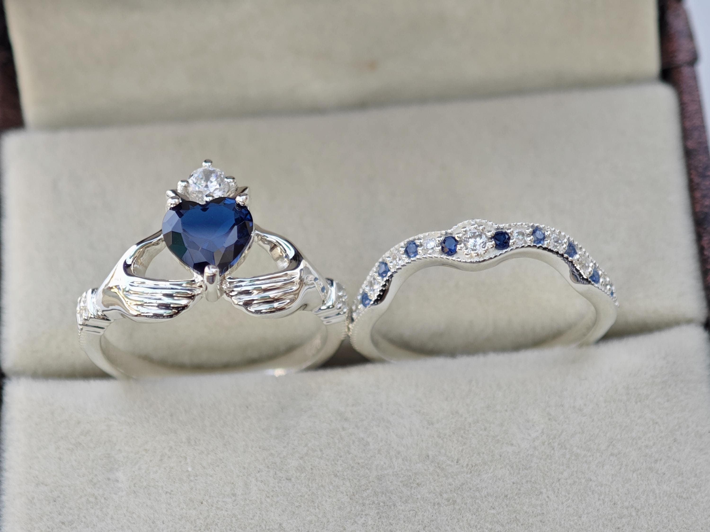 Silver Heart Shaped Blue Sapphire Engagement Ring Set For Women Claddagh Wedding Ring 2 Pcs Crown ring Irish Ring September Birthstone Ring