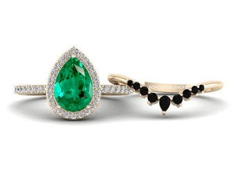 Anillo esmeralda vintage único Pera Corte esmeralda anillo de compromiso anillo de compromiso oro rosa halo anillo de diamantes para mujeres Bridal Promise anillo de bodas set band