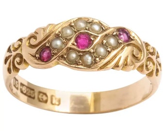 10K Natural Ruby en Pearl Cluster Rose Gold Ring-Victorian Seed Pearl & Ruby Art Deco Women Halo Ring-Antieke filigraan Wedding Engagement.