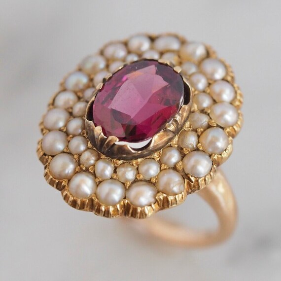 Victorian Seed Pearl Ring - Antique succulent Rhodolite Garnet Ring - 10kt Solid Yellow Gold Ring -Vintage Fresh Water Pearl Ring For Women.