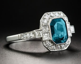 Emerald Cut London Blue Topaas verlovingsring, vintage sterlingzilver