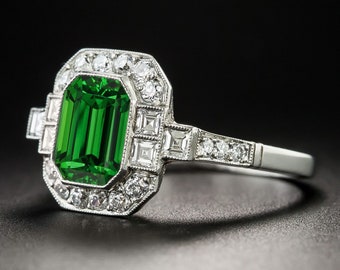 14KT Gold Tsavorite Garnet Ring, Art Deco Emerald Cut Promise Ring