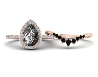 Pear Shaped Black Rutilated Quartz Ring Set 2pcs Rose Gold Pear Engagement Ring Black Rutilated Quartz Ring Engagement Ring Pear Shaped Halo