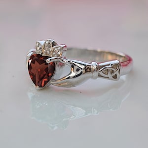 Red Garnet Claddagh Ring – Heart-Shaped Garnet Crown & Hands | Sterling Silver Celtic Ring | Irish Promise Ring | January Birthstone Jewelry