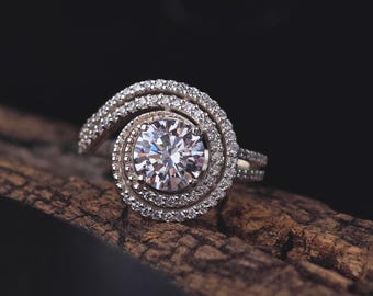 Moissanite Halo Engagement Ring | Swirl Sterling Silver Promise Jewelry
