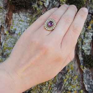 Victorian Seed Pearl Ring - Antique succulent Rhodolite Garnet Ring - 10kt Solid Yellow Gold Ring -Vintage Fresh Water Pearl Ring For Women. image 4