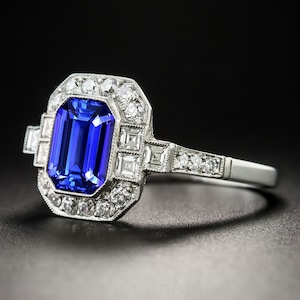 Blue Sapphire Ring Emeralad Cut Sapphire Engagement Ring ~ Art Deco September Birthstone Women Ring ~ Sterling Silver Promise Wedding Ring.