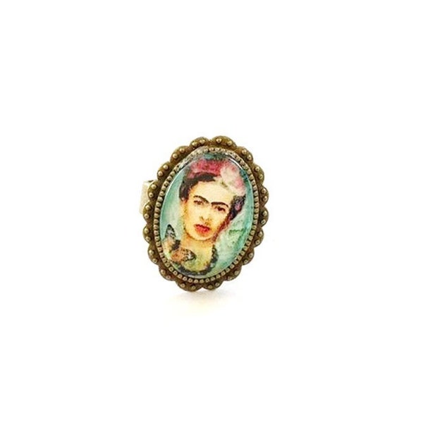 Bague cabochon rétro bronze,  Frida kahlo peinture art papillon portrait bleu vert rose