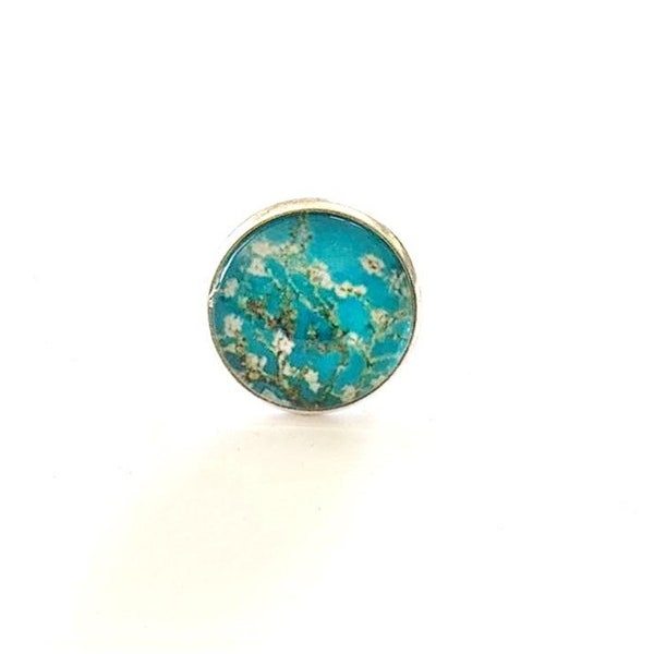 Bague cabochon fantaisie, argentée, Van Gogh, amandiers,  cabochon verre