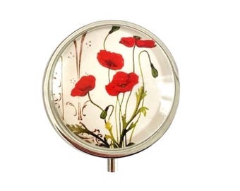 Pocket pill organizer, travel pillbox, for handbag, poppies, pill box, medicine, glass cabochon