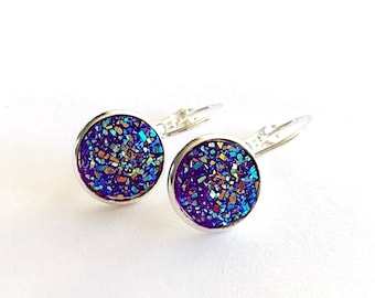 Silver cabochon sleeper earrings, glittery, purple glitter