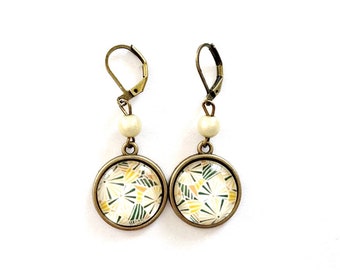 boucles d'oreilles cabochon pendantes , fleurs,  cabochons verre