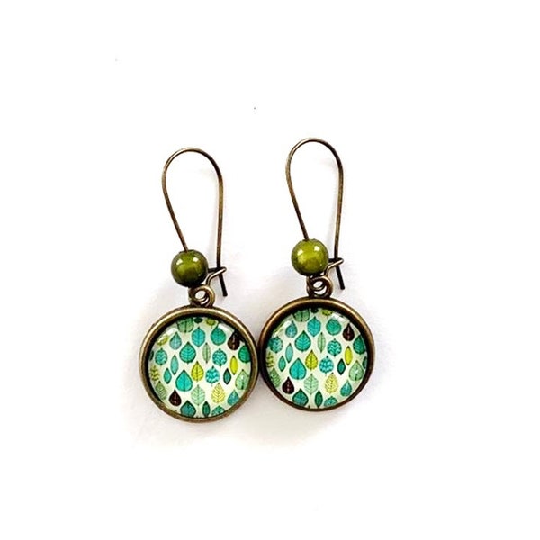 boucles d'oreilles cabochon pendantes , arbres, cabochons verre