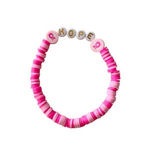 bracelet, ribbon, pink beads, heishi beads, Pink October, hope, fight against cancer