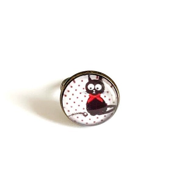 Bague cabochon fantaisie, bronze, moderne, chat rigolo, cabochon verre