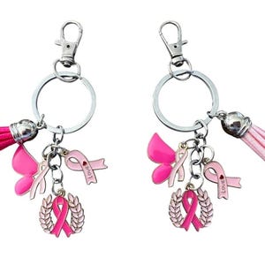 Op de afbeelding: Twee metalen sleutelhangers met zilverkleurige karabijnsluitingen en ringen. Elke sleutelhanger bevat een roze kwastje, een roze vlinderbedel, een roze lintbedel met het woord love en een ronde bedel met een roze lint omringd door laurierbladeren.