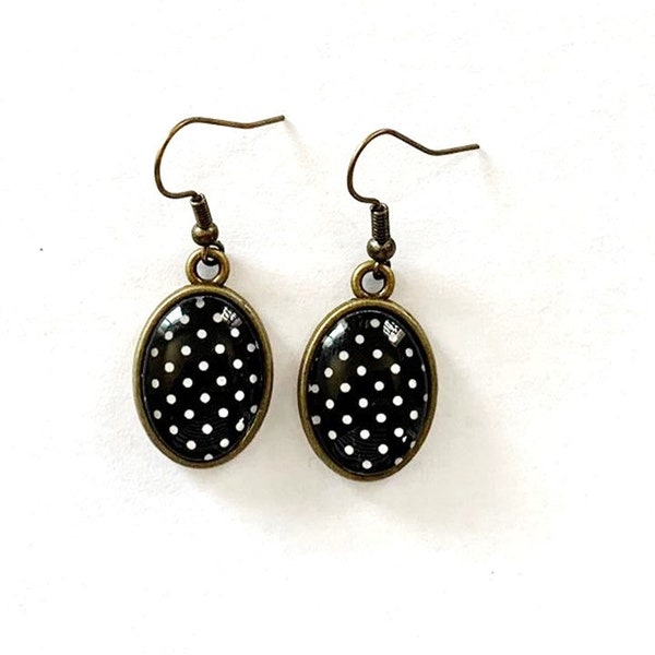 Boucles d’oreilles ovales, vintage, pois, bronze, cabochon en verre