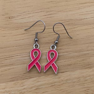 Pink ribbon pendant drop earrings, Pink October, fight against cancer