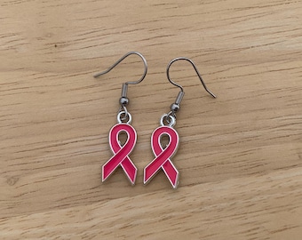 boucles d'oreilles pendantes pendentif ruban rose, octobre rose, lutte contre le cancer