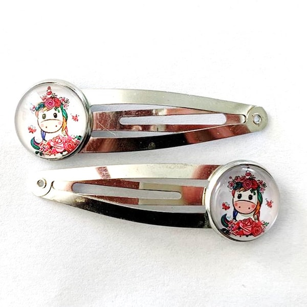 Duo de barrettes argentées cabochon en verre, licornes