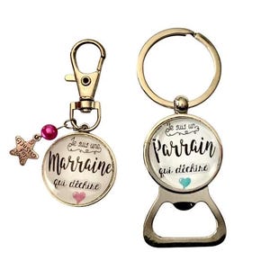 Request for godfather and godmother, duo of bottle opener key ring and carabiner; birth announcement, request for godfather and godmother