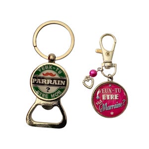 Request for godfather and godmother, duo of bottle opener key ring and carabiner; birth announcement, request for godfather and godmother