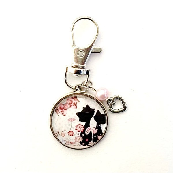 porte clé, bijou de sac,  chat, cabochon verre