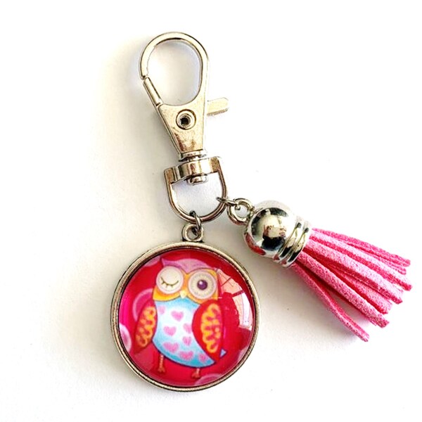 porte clé, Bijou de sac, chouette,   cabochon en verre