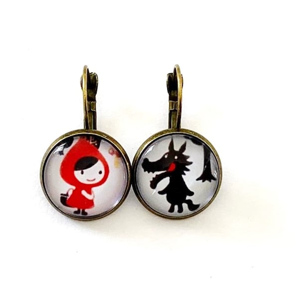 boucles d'oreilles cabochon pendantes dormeuses bronze, chaperon rouge et loup,  cabochon verre