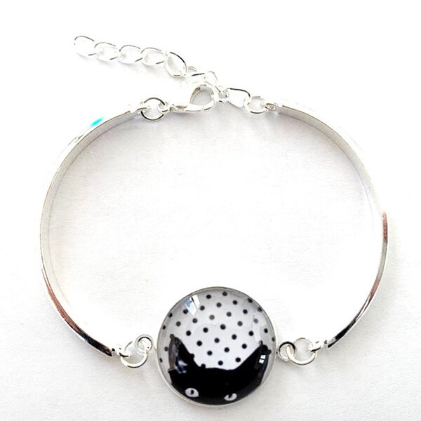 bracelet, cabochon en verre, argenté, pois et chat