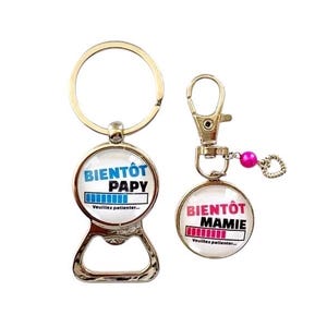 Birth announcement, duo of bottle opener key rings for grandpa and grandma