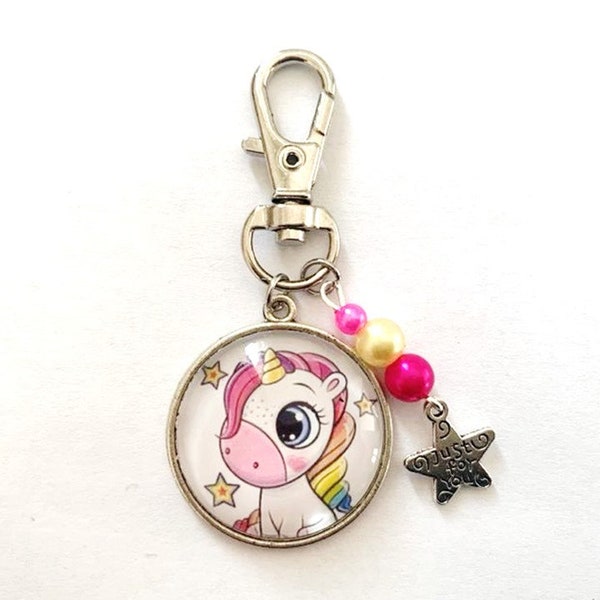 porte clé, Bijou de sac,, déco de cartable,  licorne,  cabochon en verre