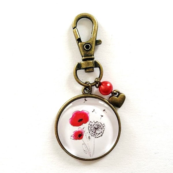 porte clé, Bijou de sac, coquelicots, romantique, cabochon en verre