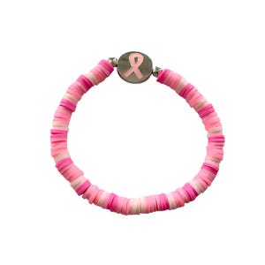 bracelet, ribbon, pink beads, heishi beads, Pink October, fight against cancer