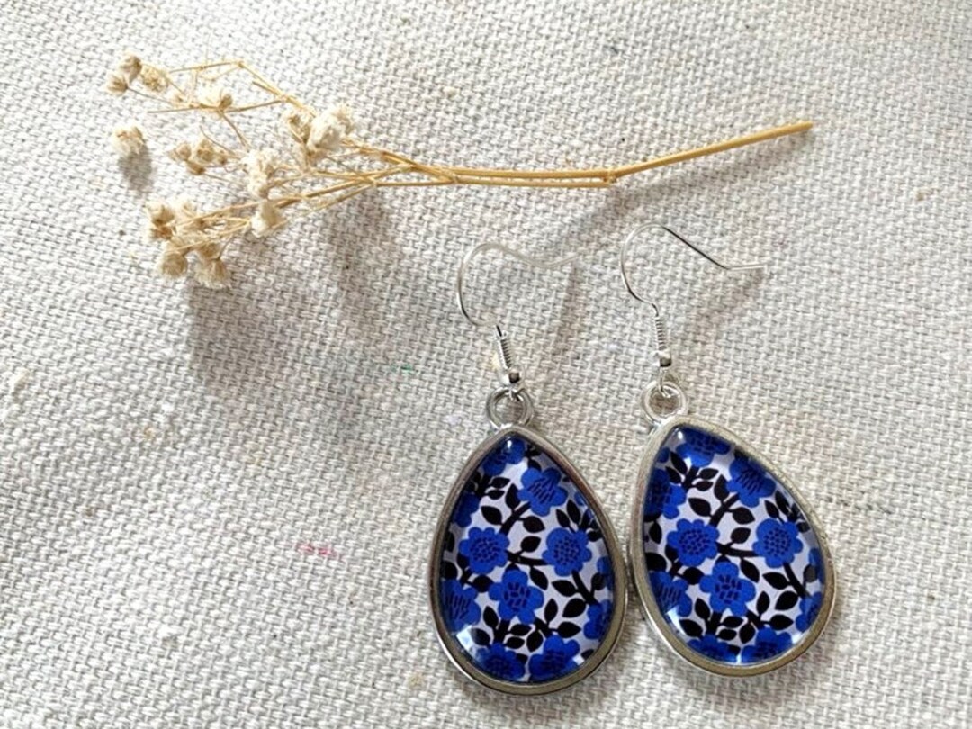 Cabochon Earrings, Drops, Blue Flowers, Trendy, Glass Cabochon - Etsy