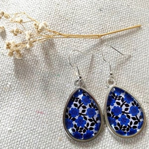 Cabochon Earrings, Drops, Blue Flowers, Trendy, Glass Cabochon - Etsy