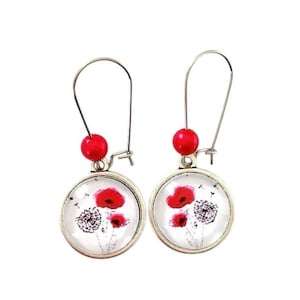 round earrings, plant, red poppies, glass cabochon