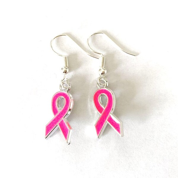 boucles d'oreilles pendantes pendentif ruban, octobre rose, lutte contre le cancer