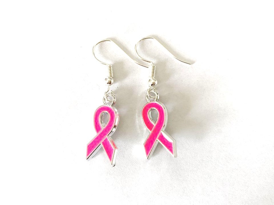 Pink Ribbon Breast Cancer Awareness Earrings Lamp Work Clear Glass Sterling  Silver