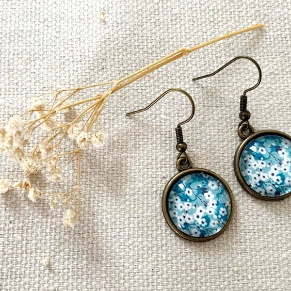 boucles d'oreilles bronze, petites fleurs, cabochons verre