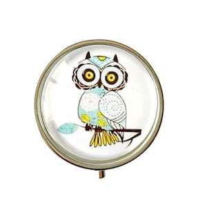 Pilulier de poche, voyage, pilulier sac à main, avec miroir, chouette, boîte à pilules, médicaments, cabochon en verre