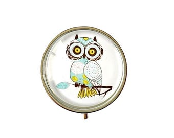 Pocket pill organizer, travel pill organizer, handbag pill organizer, with mirror, owl design, pill box, medicine, glass cap