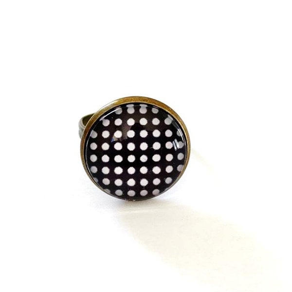 Bague cabochon fantaisie, bronze, style vintage, pois, noir et blanc,  cabochon verre