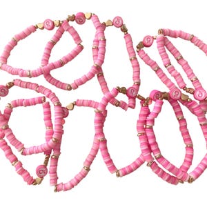 bracelet, ribbon, pink beads, heishi beads, Pink October, fight against cancer