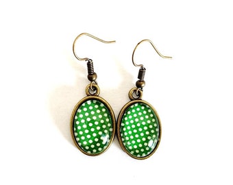Oval earrings, vintage, polka dots, bronze, glass cabochon