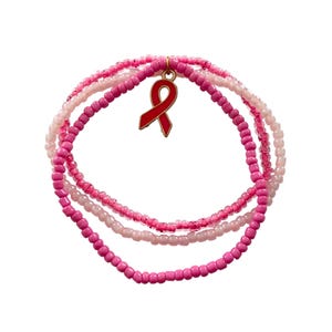 bracelet, ribbon, pink beads, seed beads, triple row, Pink October, fight against cancer