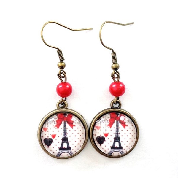 boucles d'oreilles rondes, tour Eiffel, Paris, cabochon verre, cadeau bijou, cadeau pour elle, boucles d'oreilles colorées femme