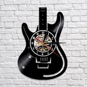 Guitar Vinyl Record Clock, Music Studio Wall Art, Living Room Decor, Musical Instrument Decoration, Guitarist Gift, Musician Artwork