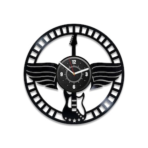 Electric Guitar Vinyl Record Large Clock Vintage Decor for Men Room Handmade Wall Art Anniversary Gift for Boyfriend